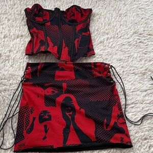 Edikted Red and Black Printed Corset Top & Skirt Set